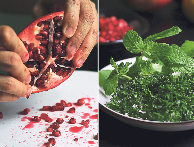 Use your fingers to pry the arils (seeds) from the white membrane of the pomegranate (left). Fresh mint and parsley (right)