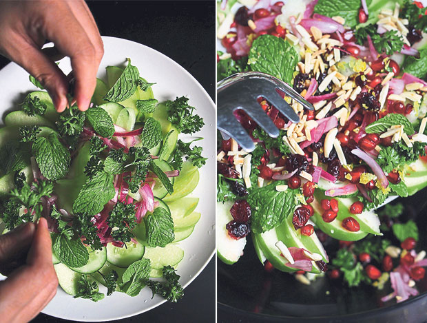 The pickled red onion, green apple, cucumber, pomegranate seeds, mint leaves and torn parsley form the base of the salad (left). Pour the dressing (lemon juice, tahini and honey) over the salad ingredients and toss to combine (right)