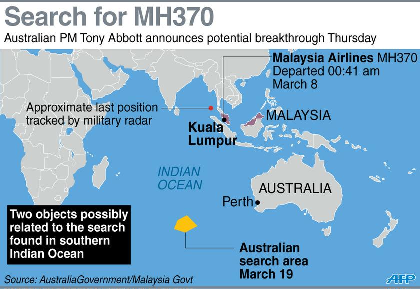 Map locating the Indian Ocean where two objects possibly related to the search for Malaysia Airlines MH370 have been spotted, according to the Australian Prime Minister Tony Abbott on March 20, 2014. u00e2u20acu201d AFP graphics