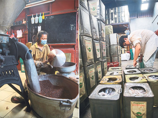 A worker at the factory is seen storing freshly ground beans into an old-school tin (left). Quality of the coffee beans is checked before it is sold to kopitiams (right)