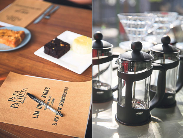 Materials for every C-Platform course are prepared ahead of time to ensure a structured class (left). The French press is possibly the most common and affordable coffee brewing equipment for the home or the office (right)