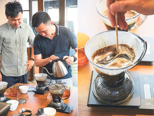 Instructors are at hand to guide students throughout every step of the class (left). Increasing turbulence during the brewing process results in more coffee extraction (right)