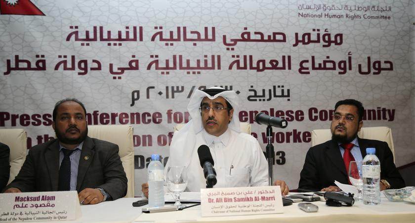 Chairman of the Qatar National Human Rights Committee Ali Bin Samikh Al-Marri (centre) speaks during a news conference for the Nepalese community and Nepalese workers in Qatar, in Doha September 30, 2013. u00e2u20acu201d Reuters pic