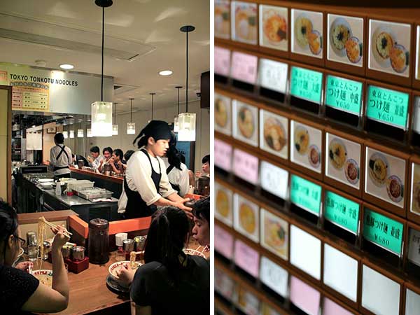 Hungry customers waiting for their ramen (left). Ticket vending machines found in most ramen-yas (right)