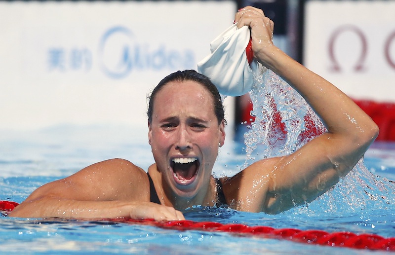 Denmarku00e2u20acu2122s Rikke Moller Pedersen celebrates after setting a new world record in the womenu00e2u20acu2122s 200m breaststroke semi-final during the World Swimming Championships in Barcelona August 1, 2013. u00e2u20acu201d Reuters pic