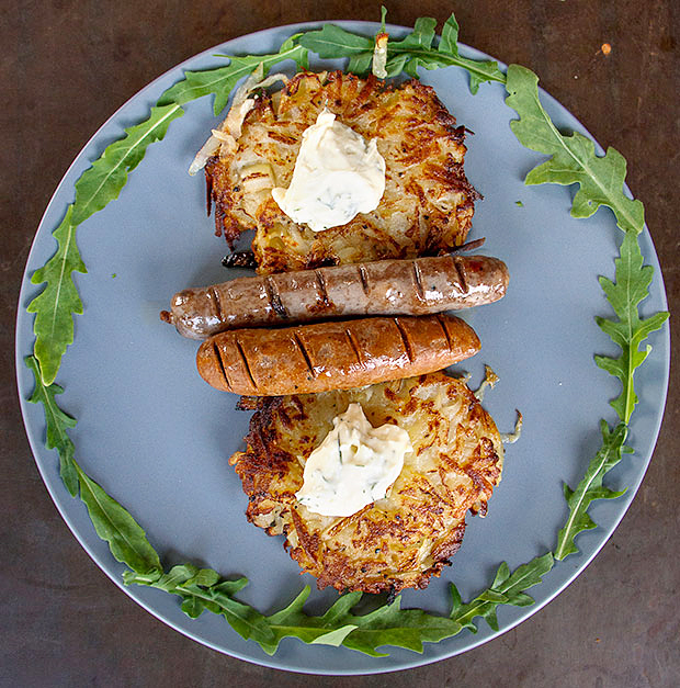 Balance Breakfast Version 2.0: rösti, lamb and beef merguez, cranberry, sour cream, and a rocket salad