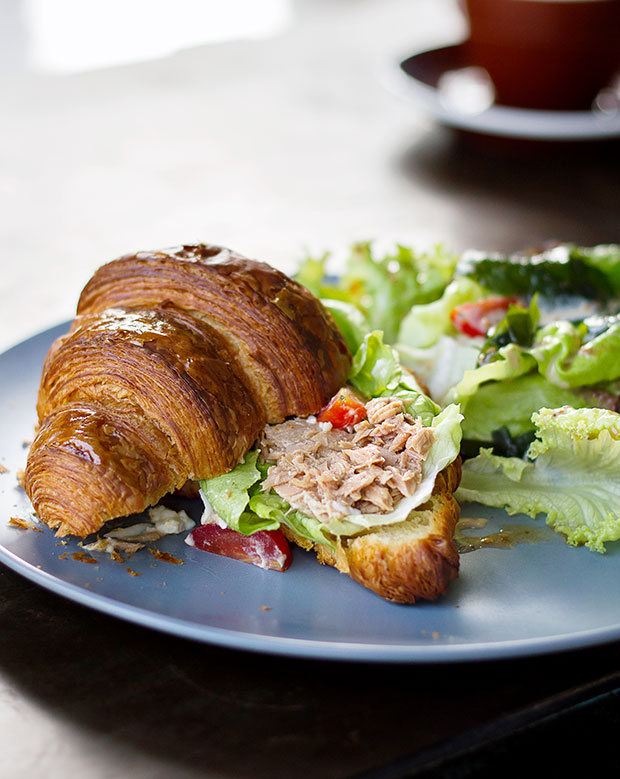 Creamy tuna and egg mayo croissant, and a wakame (seaweed) side salad with goma (sesame seed) dressing