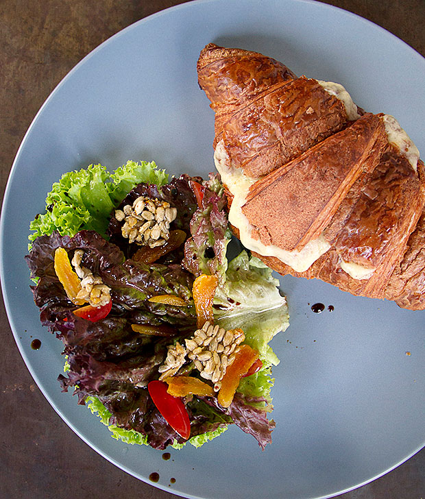 The “Mighty Croissant” – filled with a fry-up of lamb and beef merguez, capers, garlic and parsley, with a summer salad