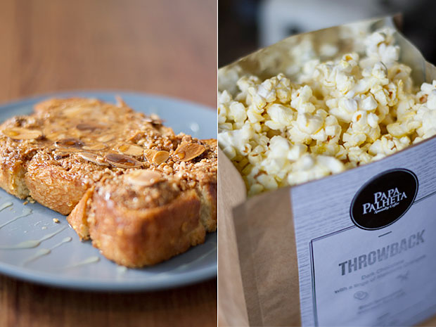 Nutty Toast with homemade peanut butter paste, almond flakes and a drizzle of honey (left). OMG! Truffle Popcorn perfumes the entire café and entices other patrons to order some too (right)