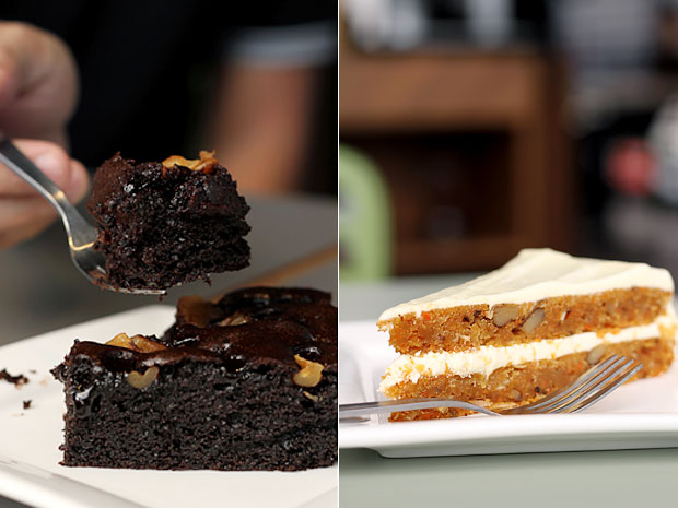 Chocolatey desserts such as brownies and chocolate cake go well with milk coffee like cappuccinos (left). Scones and carrot cake go well with black, brewed coffee (right)