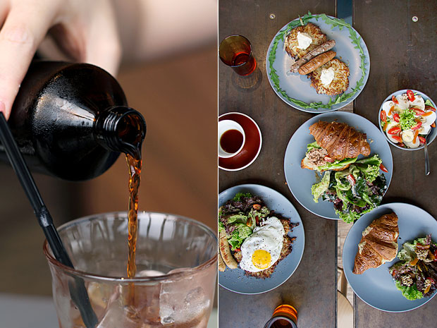 Cold brew coffee brings out the flavours in the crispy, buttery croissants (left). Pulp’s food menu is perfect for sharing amongst friends (right)