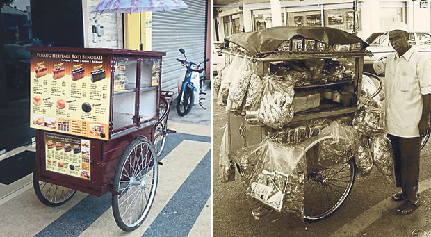 Maliia Bakery also uses a modernised tricycle for food expos (left). The original bread man in Penang that sold roti benggali (right)