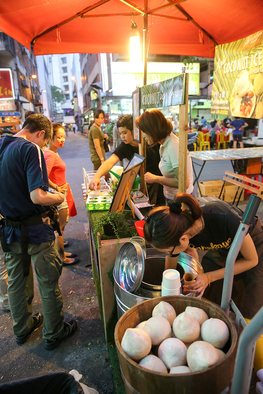 You’ll spot the Sangkaya stall on busy Jalan Alor with their ice-cream and fresh coconuts.