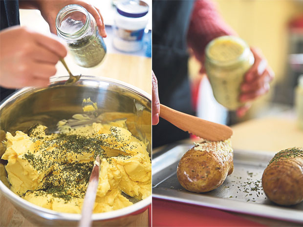 Quality herbs are used to give the spread a flavourful taste (left). One of the uses of the spread is that it makes a good coating for barbecue such as potatoes (right)