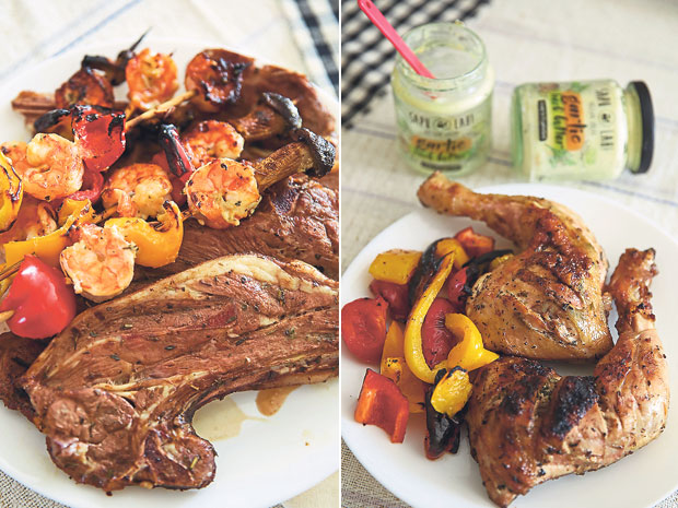 Marinate meat, seafood and vegetables with the spread to give it a nice garlicky taste (left). Be creative when you use Sapu-lah Spread – there are endless uses for it! (right)