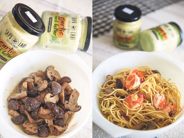 Sautéed mushrooms taste better when you cook it with Sapu-lah Spread’s magic! (left). Aglio Olio is one of the pasta dishes that work well with Sapu-lah’s Garlic Herb Butter Spread (right)