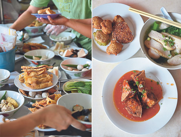 Selecting your own pieces of yong liew is very common in most hawker stalls in Ipoh, whereby you should equip yourself with a bowl and a pair of tongs to get started with (left). Nam Fatt Fish Ball Noodle House serves more than just sar kok liew, as their version of Teochew stuffed tofu with West gravy; a tangy tomato-based sauce is equally excellent as well (right).