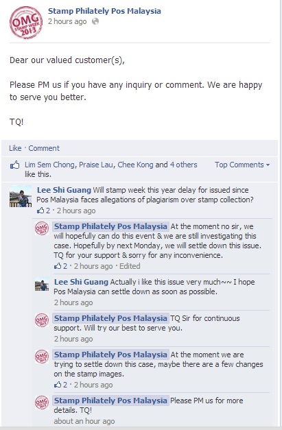 Pos Malaysia said it is investigating claims of plagiarism in its new stamp collection ‘Visit Malaysia Year 2014’ in a screen capture of the entry on the Stamp and Philately Unit’s Facebook account.
