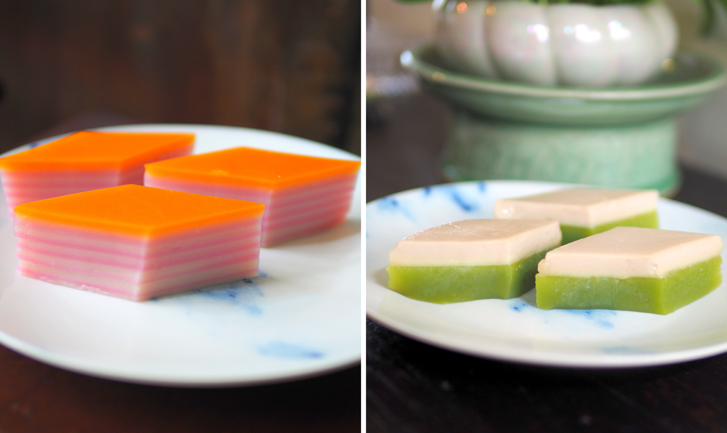 Have fun peeling the 'kuih lapis', layer by layer just like the old days (left). The 'kuih talam' has a nice, wobbly texture (right)