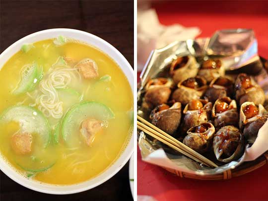 Hakka salted egg loofah noodles (left), Grilled snails, a Keelung treat (right)
