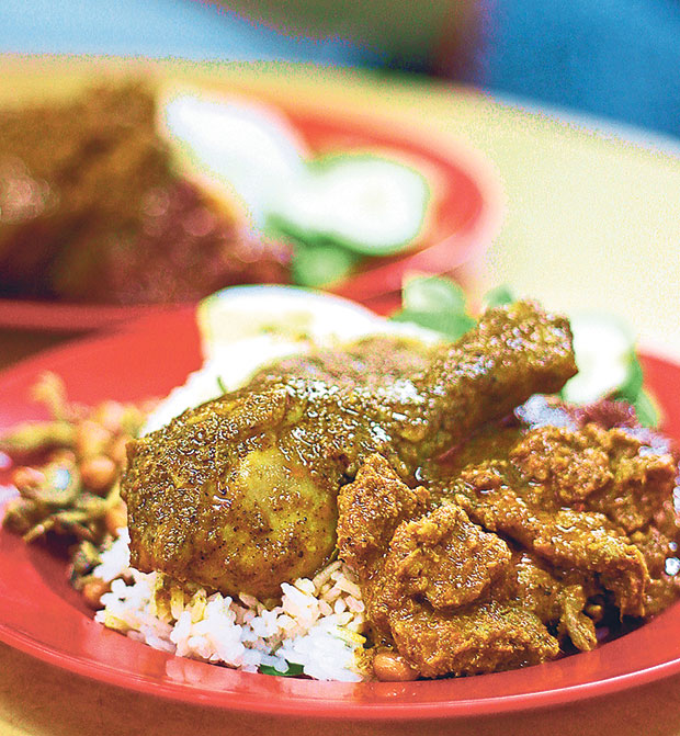 Nyonya style nasi lemak with dry curried wild boar at Restoran Sepetang