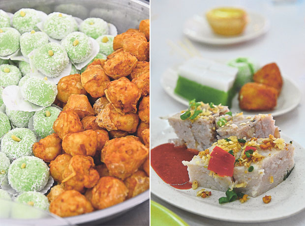 Try the mini sar kok liew (stuffed jicama) here; a rarity in the other states in Malaysia (left). Woo tau gou or yam cake with bits of dried shrimps, choy poh, red chillies and chopped scallions is a savoury snack that goes well with a bit of chilli sauce (right)