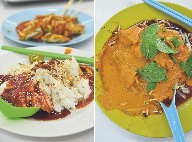 Chee cheong fun with a sweet and spicy sauce, generously garnished with sesame seeds and fried shallots is a breakfast staple in Ipoh (left). The dry curry noodles with a hefty ladle of gravy cooked without coconut milk; a supposedly healthier option but tastes delicious all the same (right)