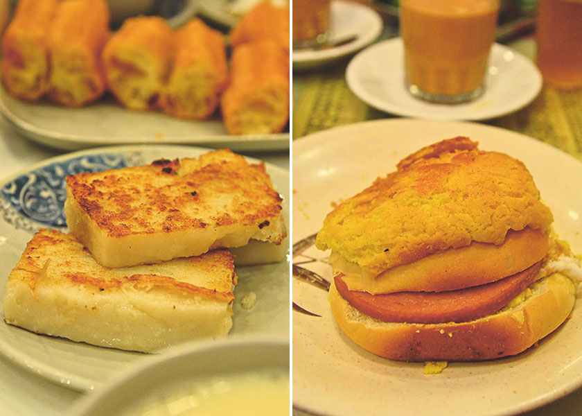 A typical Hong Kong breakfast would include you tiao (fried dough fritters) with soy bean milk, and side dishes like chee cheong fun or pan fried radish cake (left). Another simple yet hearty breakfast is the polo bun sandwiching a piece of luncheon meat within, and a cup of extra smooth stocking milk tea from the char chaan teng of Hong Kong (right)