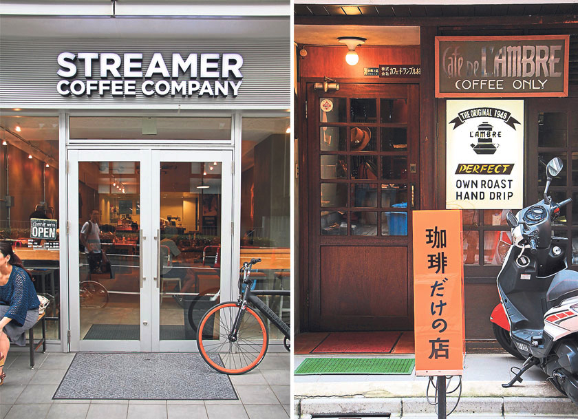 Shibuya’s Streamer Coffee Company is a café run by champion latte artist Hiroshi Sawada (left). Café de l’Ambre has been serving coffee to Ginza coffee drinkers since 1948 (right)