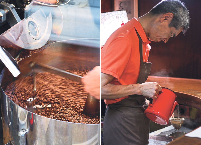 Beans being roasted at  Nozy Coffee (left). The grey-haired barista brewing coffee using a flannel at Café de l’Ambre (right)