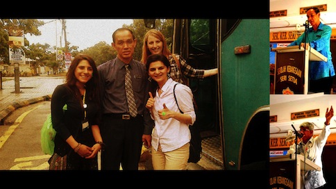 Left: Volunteers posing with SK Seri Setia’s former principal, Mr Ooi. Top right: Mr Ooi delivering his speech. Bottom right: Mr Siva, one of SK Seri Setia’s beloved veteran teachers.