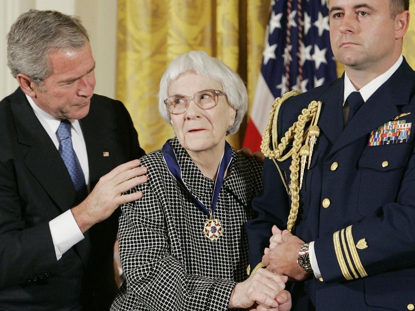 US President George W. Bush (left) awards the Presidential Medal of Freedom to American novelist Harper Lee (centre) in the East Room of the White House, in this file photo from November 5, 2007. u00e2u20acu201d Reuters pic