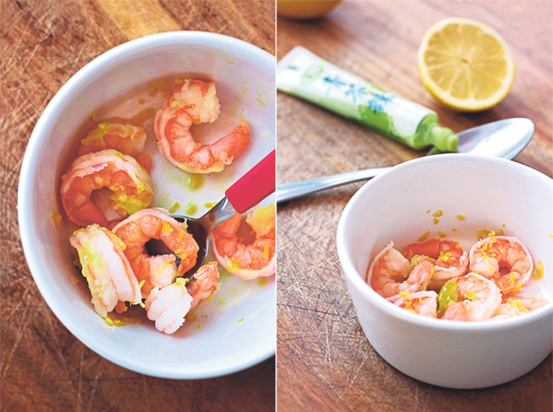 Remove the shells after the prawns have been cooked to keep the shellfish moist (left). Commercially available seiyo wasabi (“western wasabi”) is made from horseradish, mustard and green food colouring (right)