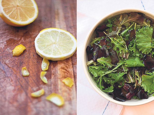 Lemons — both the juice and zest — add a brightness to the salad (left). Any mixed green salad leaves will do; just make sure they are properly drained after washing (right)