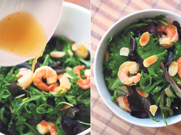 Add the honey, sesame oil and lemon juice to the salad before tossing (left). Almond flakes add a nice crunch to this salad (right)
