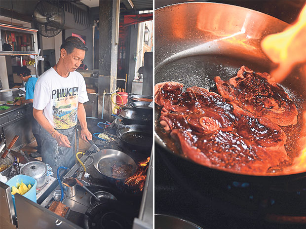 David Tan preparing the food at Chef’s Delights(left). Grilled Dorper lamb at Chef’s Delights (right) 