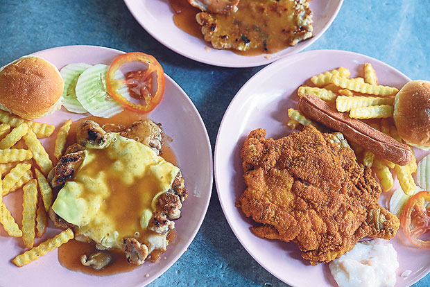Cheese coated chicken (left), Three Fillet Nu Chef (sic) (top) and chicken Maryland at the Western food stall at Sheng Yuen Coffee Shop