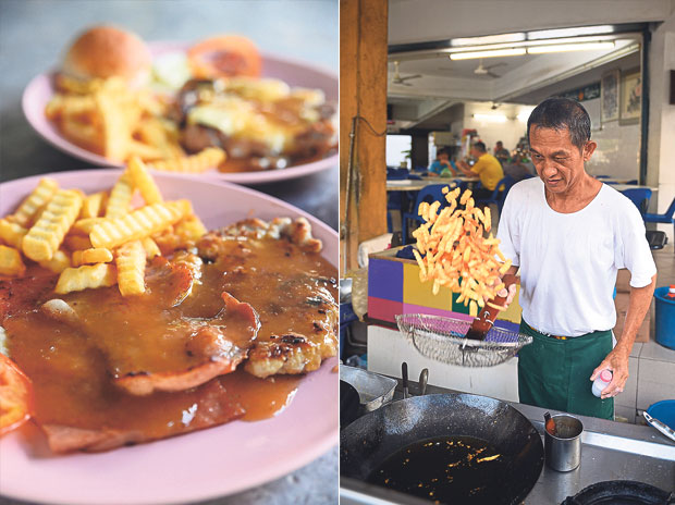 The Three Fillet Nu Chef (sic) of pork chop, bacon and ham at Sheng Yuen Coffee Shop (left). A serving of fries coming right up...at Sheng Yuen Coffee Shop (right)