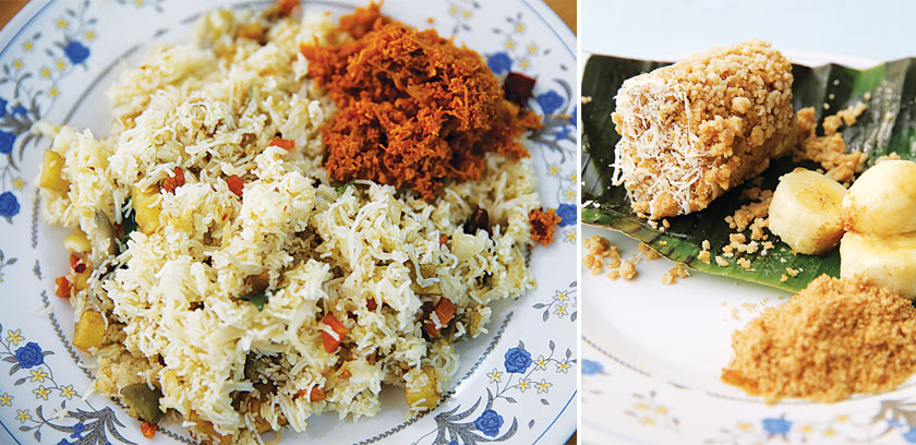 For an unusual breakfast, try the putu goreng with the unique coconut sambal (left). You get a sweet tasting breakfast by mixing putu with mashed bananas and a little brown sugar (right).