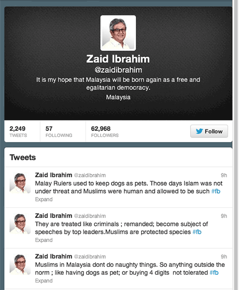 Screen capture of the series of tweets Datuk Zaid Ibrahim posted on the dog trainer Maznah Mohd Yusof issue.