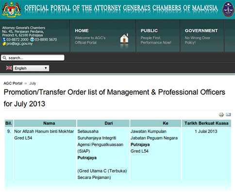Screenshot of Nor Afizah Hanum Mokhtaru00e2u20acu2122s transfer on the Attorney-General Chambers website.