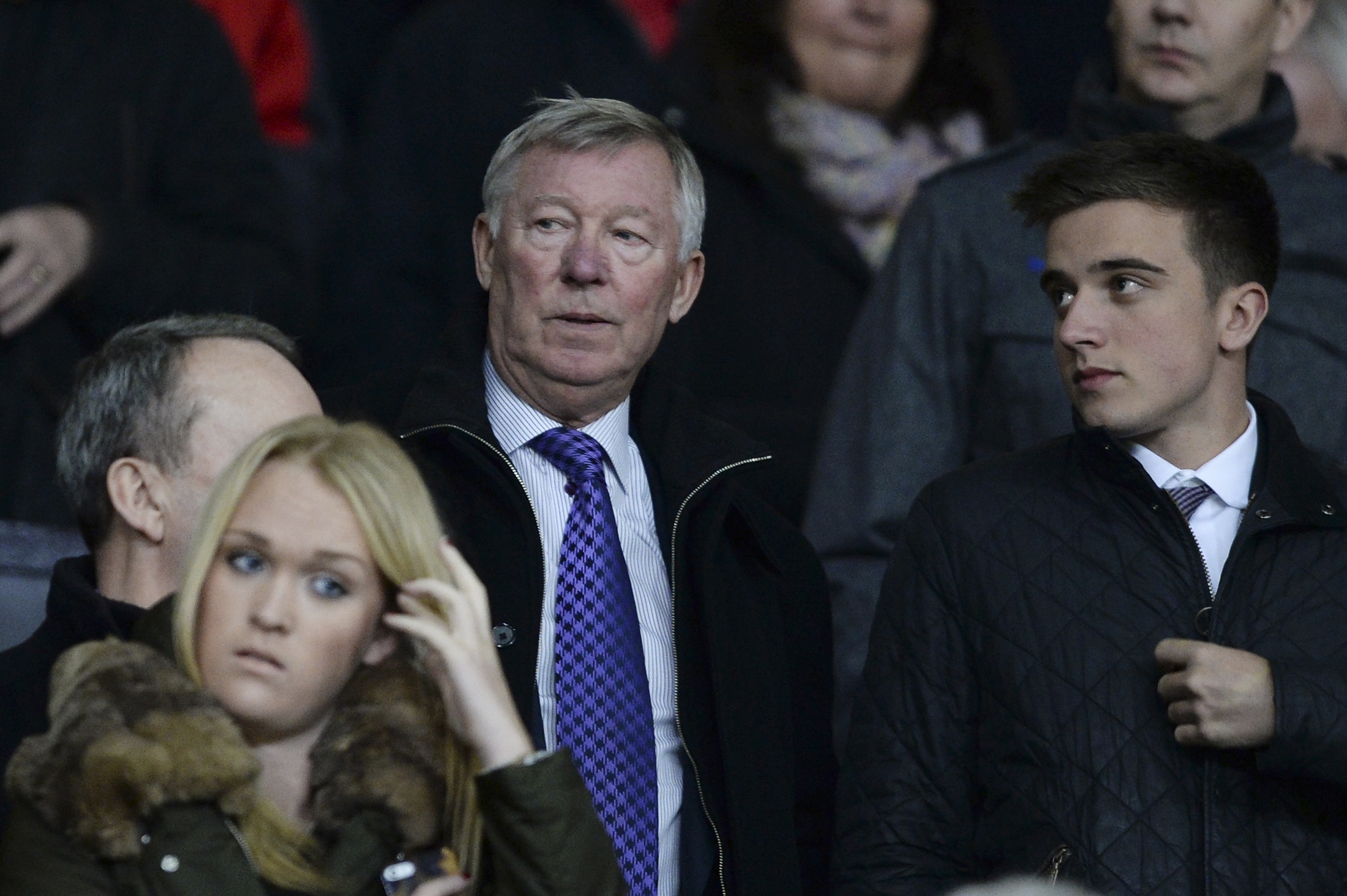 Manchester United's former manager Alex Ferguson looks up before the English League Cup semi-final second leg match between Manchester United and Sunderland at Old Trafford in Manchester, northern England January 22, 2014. u00e2u20acu201d Reuters pic