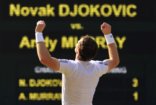 Britainu00e2u20acu2122s Andy Murray celebrates beating Serbiau00e2u20acu2122s Novak Djokovic during the menu00e2u20acu2122s singles final at Wimbledon. u00e2u20acu201d AFP pic