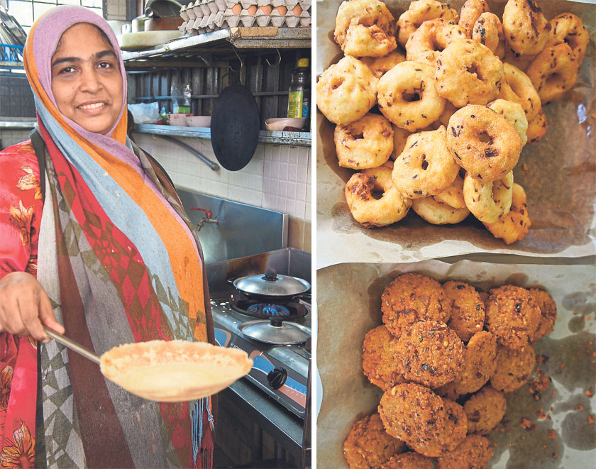 Mariam binti Wan Noor has been making appam since she was a little girl  (left). The stall also sells two varieties of vadai for breakfast (right)
