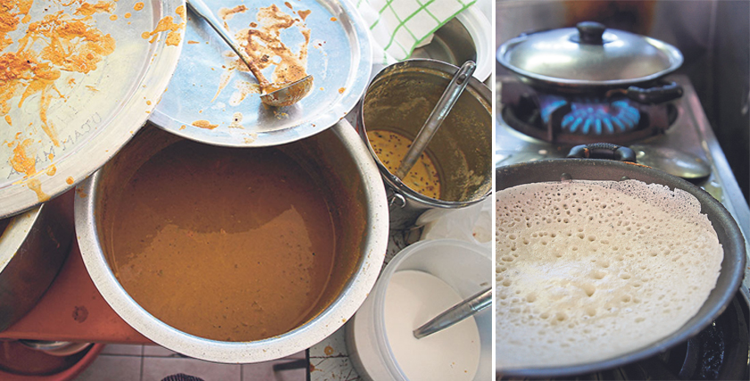 There’s about 15 varieties of curries cooked on a daily basis (left). The bubbles on the surface of the appam means it’s ready to be taken out (right)