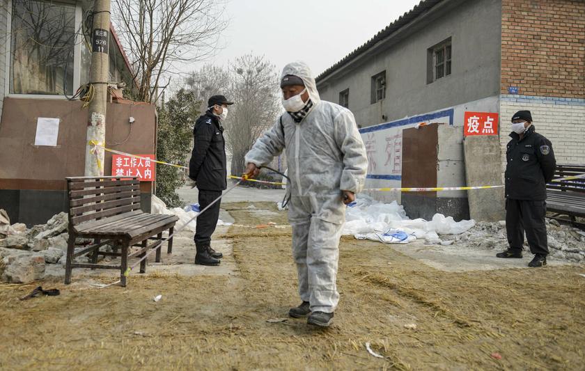 A worker sprays chemicals to disinfect the ground in front of policemen standing guard outside a poultry farm in Baoding