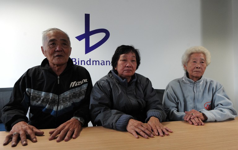 (From left) Loh Ah Choi, Chang Koon Ying and Lim Ah Yin, relatives of unarmed Malaysian rubber plantation workers killed in Batang Kali in 1948,  in London on May 7, 2012. u00e2u20acu201d AFP pic