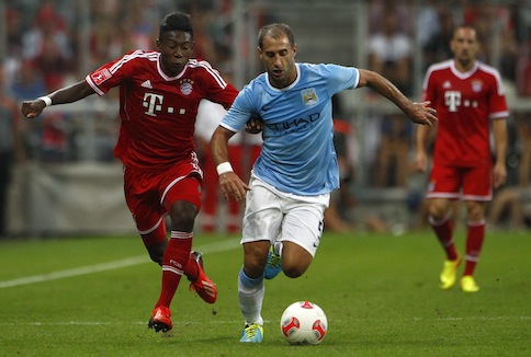 Bayern Munichu00e2u20acu2122s David Alaba (left) fights for the ball with Pablo Zabaleta of Manchester City during the final match at the Audi Cup friendly in Munich August 1, 2013. u00e2u20acu201d Reuters 