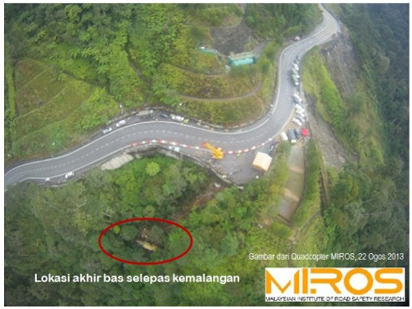 A photo taken by a Malaysian Institute of Road Safety Research (Miros) unmanned aerial vehicle showing the final resting place of the bus after it plunged into the ravine in Genting Highlands on August 21, 2013. u00e2u20acu201d Picture courtesy of Miros