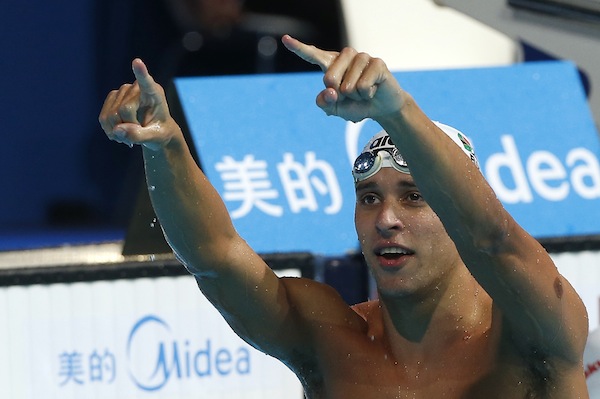 South Africau00e2u20acu02dcs Chad Le Clos gestures as he celebrates winning the menu00e2u20acu2122s 100m butterfly final during the World Swimming Championships in Barcelona August 3, 2013. u00e2u20acu201d Reuters pic